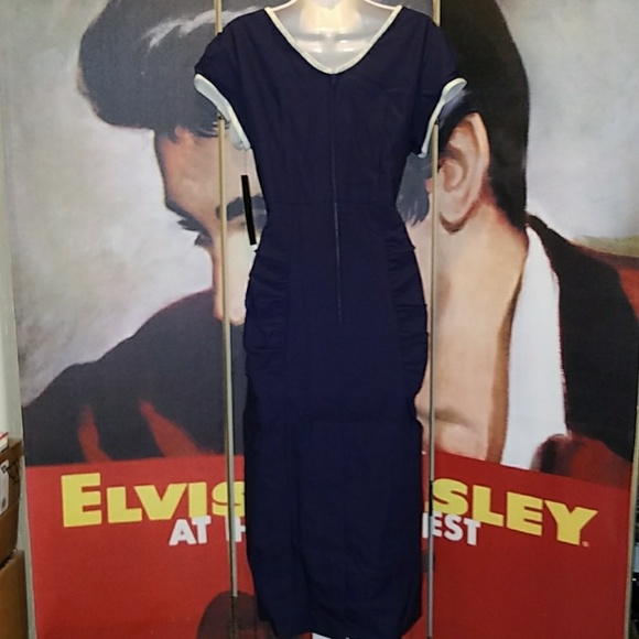 Stop Staring Newport Vintage 1950's Navy Blue Pinup Pencil Dress w Big Tan Bow - Picture 8 of 8